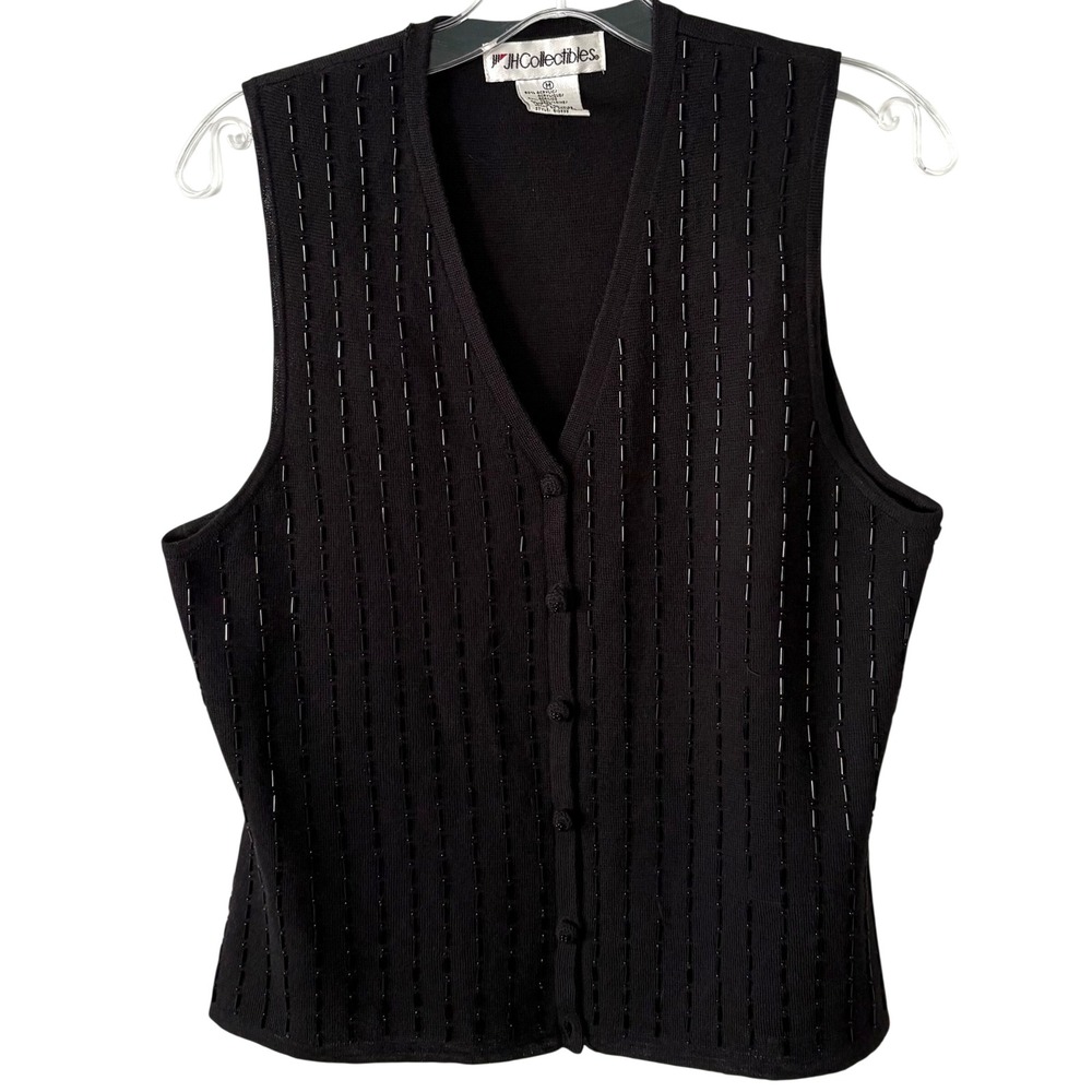 JH Collectibles Vintage Black Beaded Button Front Wool Blend Sweater Vest Size M